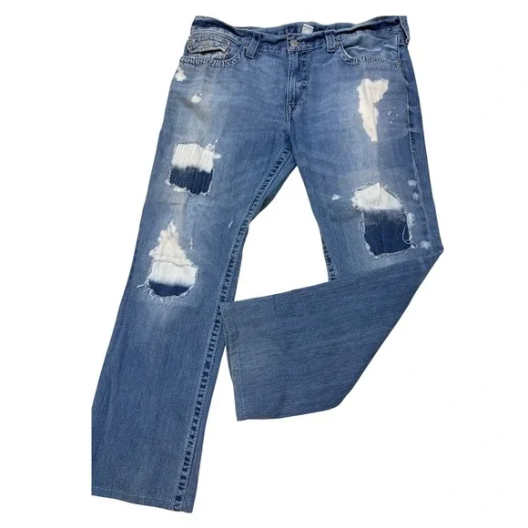 True Religion Mens Straight Flap Distressed Patchwork Jeans 40 True Indigo Big T