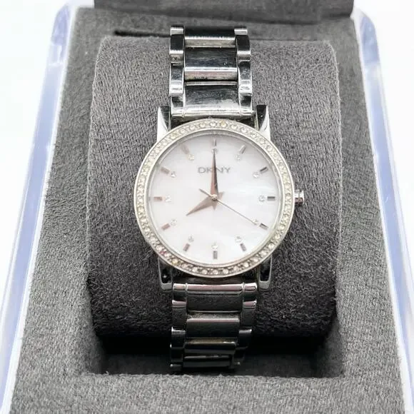 DKNY stainless steel silver watch crystal accent mother of pearl face