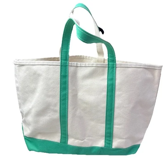 Vintage‎ 80s LL Bean Boat And Tote Canvas Bag Green Straps Green Tag Large 17x14