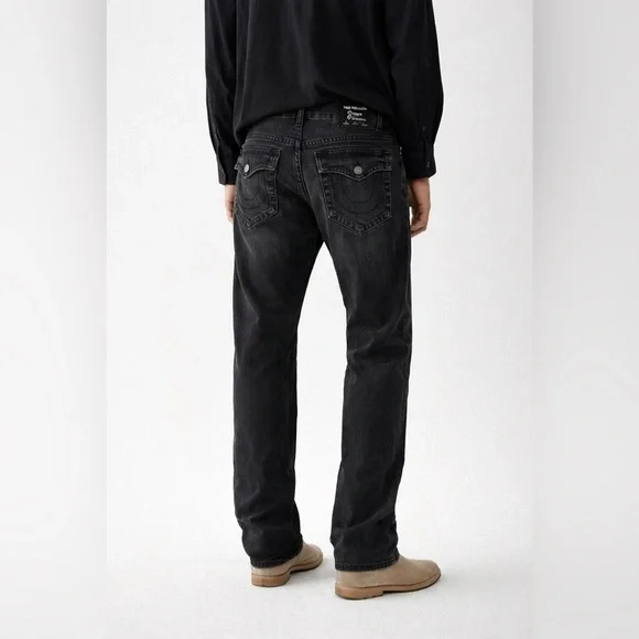 True Religion Mens Black Ricky Relaxed Fit Straight Leg Jeans Sz 32 Flap Pocket