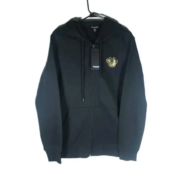 True Religion Men's Sz M Black Metallic Buddha Logo Long Sleeve Full Zip Hoodie