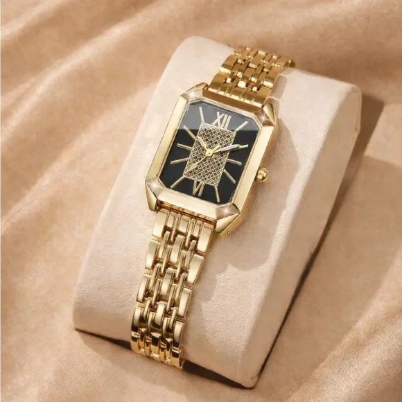 Vintage Gold Black Rectangular Watch with Crystal Dial