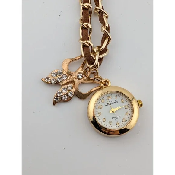 Ailisha Pendant Watch w/ Butterfly Charm 23mm Case Brown/Gold- New Battery