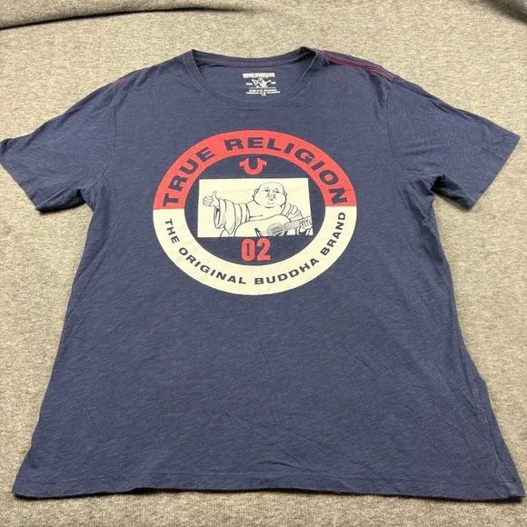 True Religion T-Shirt Navy Sz. Lg. Buddha Graphic Logo Y2K Streetwear Urban Bold