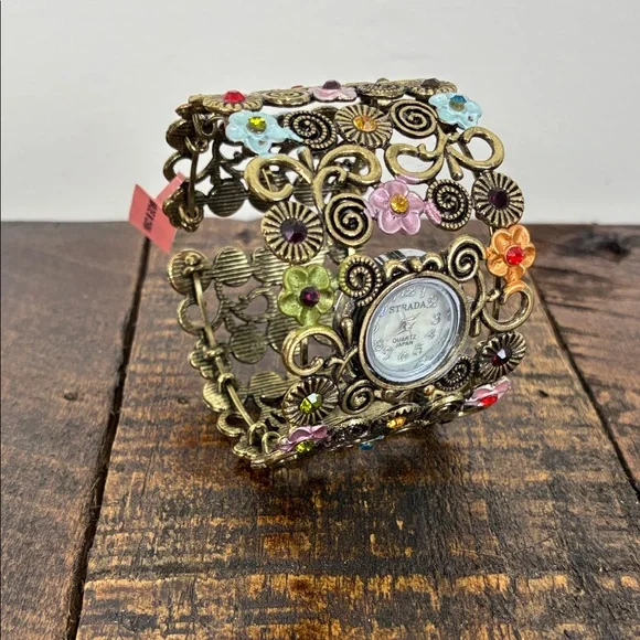 NWT Strada Gold-Toned Floral Metalwork Bracelet Watch Wide Band Stretch Flower
