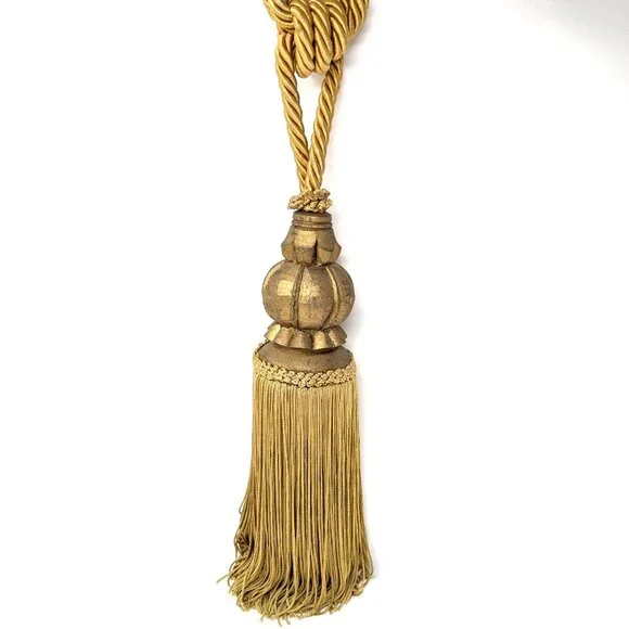 Vintage Curtain Tieback Gold Carved Wood Silk Tassel Regency Luxury Large 31