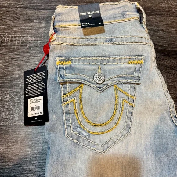 NWT True Religion Ricky Super T Flap Jeans Size‎ 31 Light Wash Distressed $299
