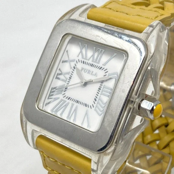 Furla Watch Women 36mm Silver Tone Braided Band Mustard WR New Battery 8.5