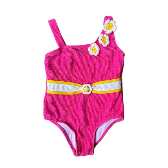 Betsey Johnson Girls Pink Textured Floral One Piece Swimsuit Size 4‎