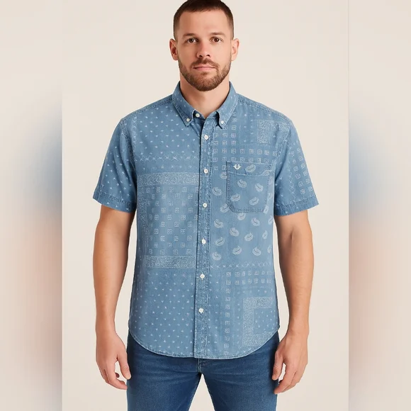 True Religion XL Bandana Patchwork Denim Button-Up Shirt‎ Logo Pocket