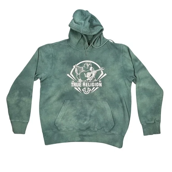 True Religion Green Acid Wash Glitter Buddha Hoodie Mens Size Large