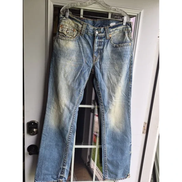 True Religion Straight Flap Big T Jean Distress Destroyed Boho 33 Y2K