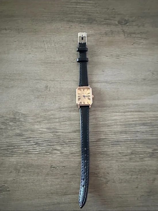 Classic Black dainty Leather Strap Watch with Gold Case