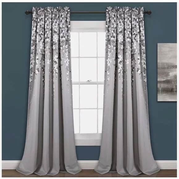 Lush Decor Half Moon Weeping Flower Gray Insulated Two Window Curtain Panels 84