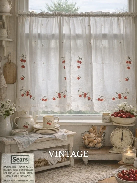 Vintage Sears Cherry Embroidered Curtains 6 panels ea 33x35 Cottagecore Farmhous