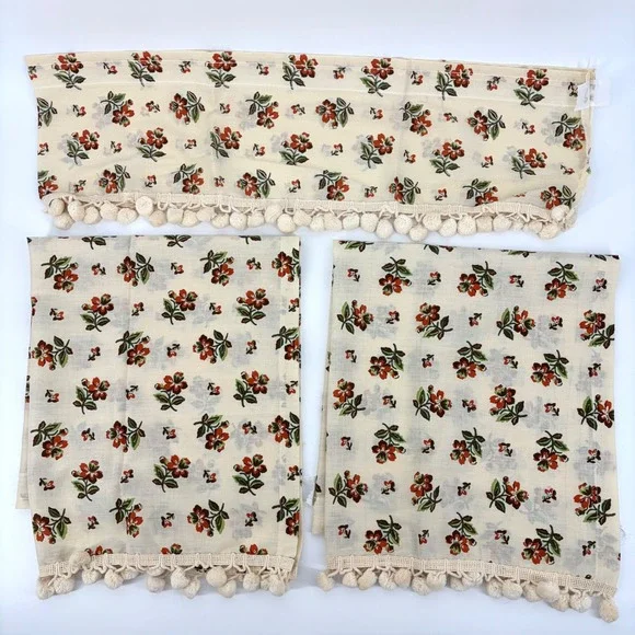 Springmaid Cafe Curtain Set Vintage NOS Floral Pom Pom Cottagecore Grandmacore