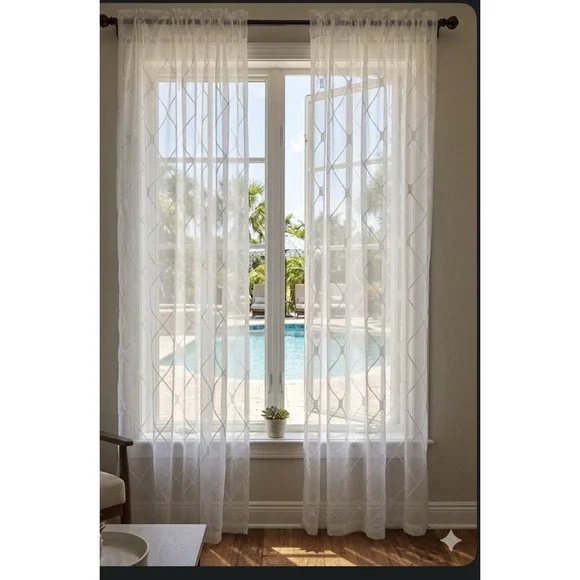 Laura Ashley Berwyn Lattice Embroidered Sheer Curtains - Pair - White