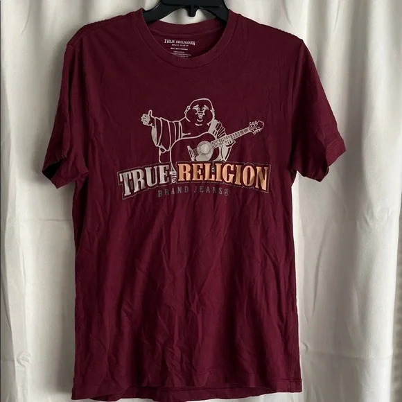 True‎ Religion Men’s Buddha Guitar Logo Maroon Burgundy Tee Shirt Small