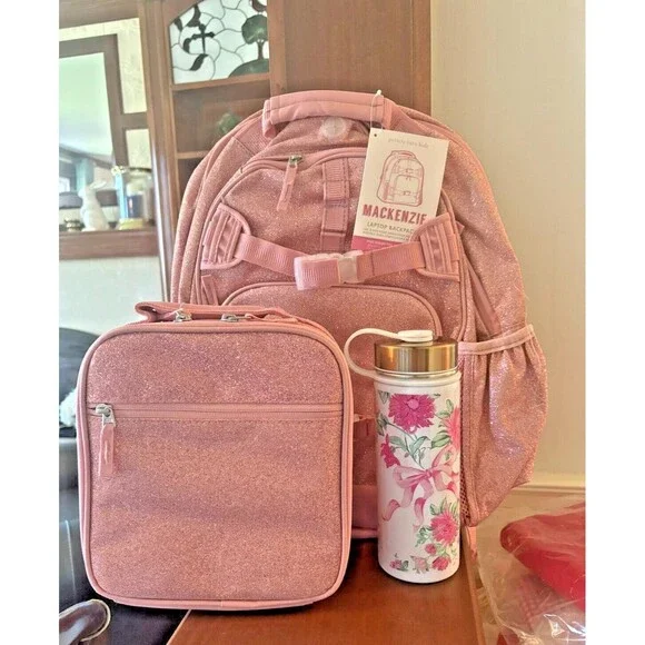 School Pottery barn kids LARGE BACKPACK LUNCH WATER Glitter Floral Bag Travel .