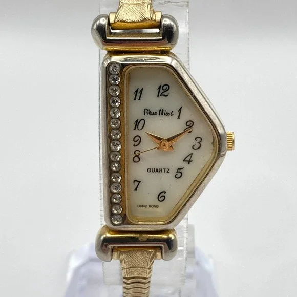 Pierre Nicol Half Moon Womens Watch Gold Tone Crystals MOP New Battery SMALL