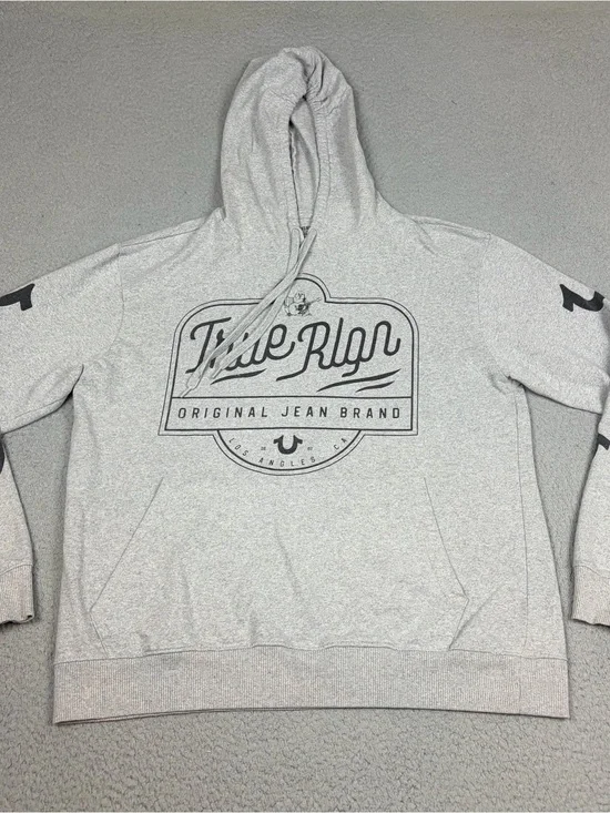 True Religion Hoodie Mens Large Light Gray Logo Drawstring Pockets Pullover