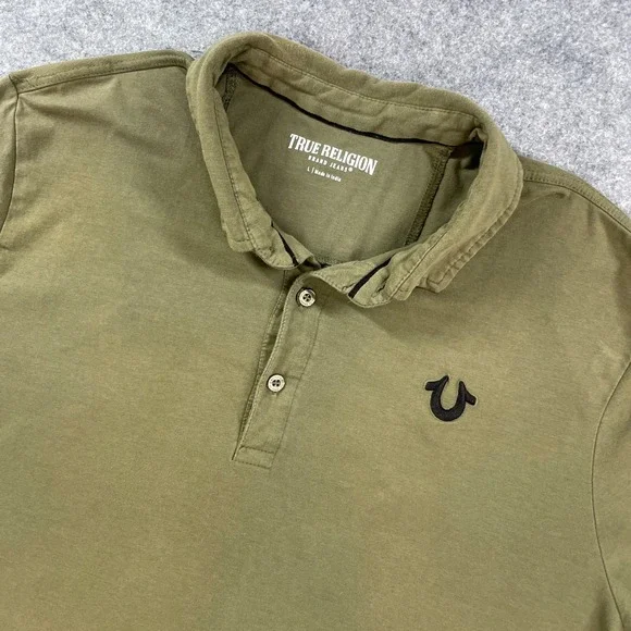 True Religion Mens Polo Shirt L Olive Stretch Short Sleeve Statement Cotton