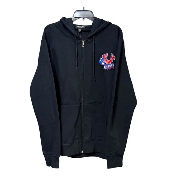 True Religion Mens Black Graphic Patch Full Zip Hoodie Sweatshirt XL World Tour