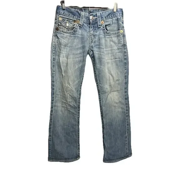 True Religion Billy Big T Flap Distressed Denim Embroidered Jeans ACTUAL 30x33