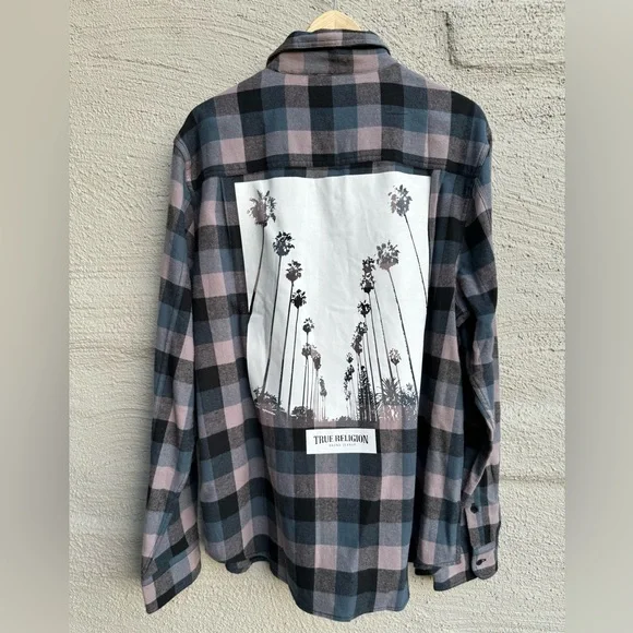 True Religion Palm Tree Check Plaid Long Sleeve Button Down Shirt. NWT. Size- XL