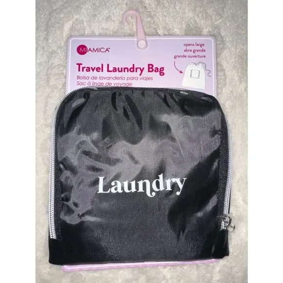 MIAMICA Black White “Laundry” Foldable Travel Laundry Zip Bag