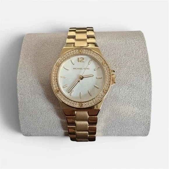 Michael Kors Women's Gold-Tone Gem-Set Bezel Quartz Watch White Dial Bracelet