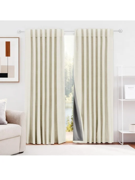 HESTIA Cream Linen Blackout Curtains Energy Saving Drapes Size: 52