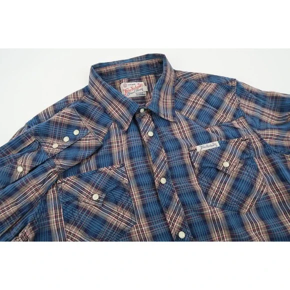 True Religion Men's XL‎ Western Pearl Snap Button Blue Plaid Long Sleeve Shirt