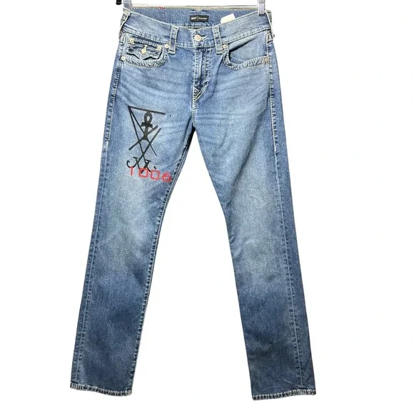 True Religion Ricky Big T Relaxed‎ Straight Jeans 31 Blue Flap Pocket Horseshoe