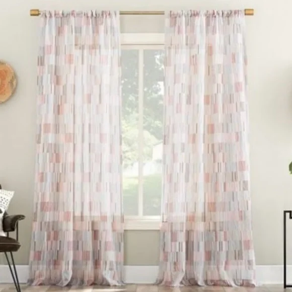 No. 918 Colby Offset Stripes Sheer Rod Pocket Curtain Panel; 2 Single Panels