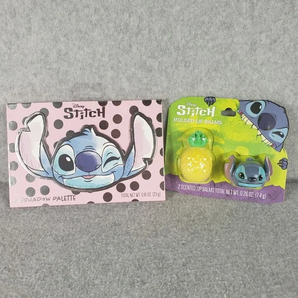 Disney Stitch Makeup Set Taste Beauty Eyeshadow Palette‎ & 2pc Molded Lip Balms