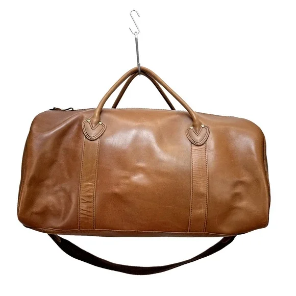 L.L. Bean Signature Cognac Brown Leather‎ Travel Duffle Weekender Canvas Lined
