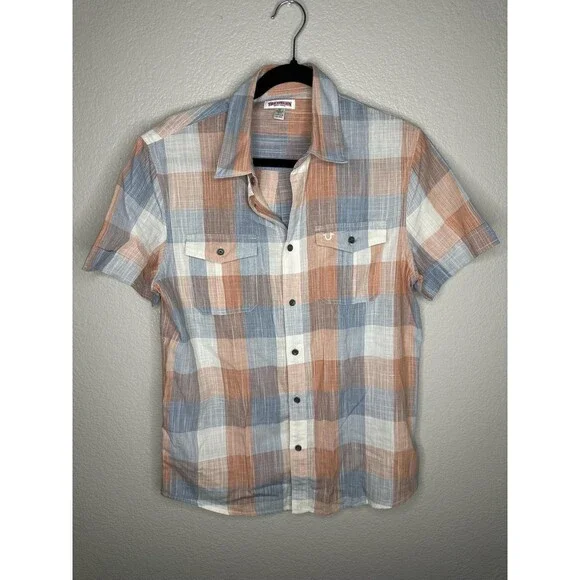 True Religion Shirt Mens Small Multicolor Plaid Short Sleeve Button Up Casual