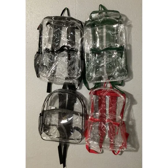 4 Pack Of Clear School Backpacks New No Tags 2 Black One Green And One Red.