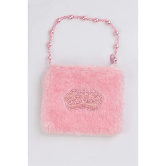 Princess Girl's Pink Faux Fur Beaded‎ Handle Purse Handbag Adorable Cute