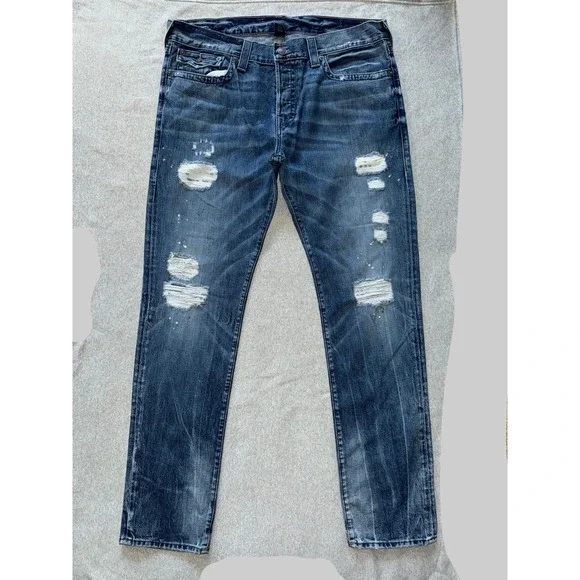 True Religion Mens Rocco‎ Relaxed Skinny Distressed Dark Wash Blue Size 38
