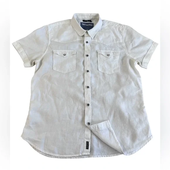 TRUE RELIGION Shirt Men L 100% Linen Button up‎ Slim Western Short Sleeve White