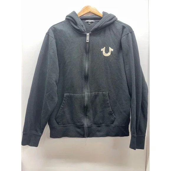 True Religion VTG Men's Black World Tour Buddha Logo Zip Up Hoodie Sweatshirt