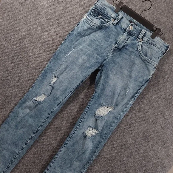 True Religion Geno Relaxed Slim Jeans Mens 34x34 Light Blue Distressed Denim