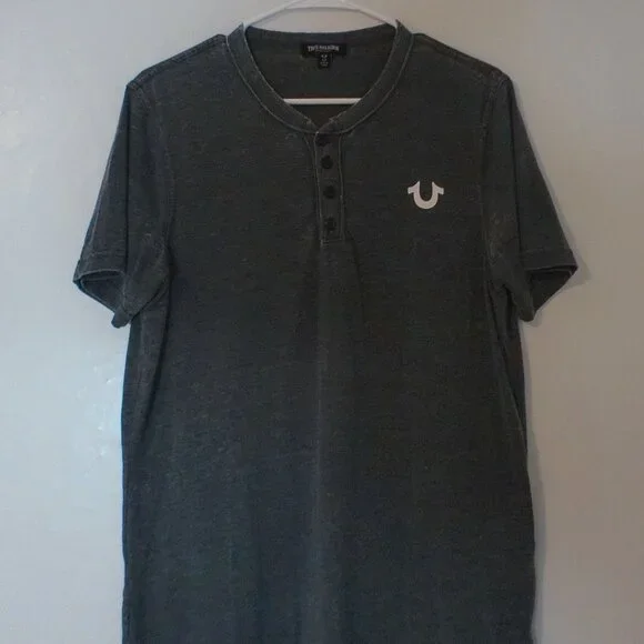 True Religion Charcoal Gray Henley T-Shirt Short Sleeve Logo Tee Men S