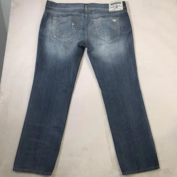 True Religion Jeans Mens 44x32 Blue Slim Straight Medium Wash‎ Stretch Denim