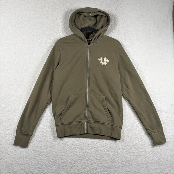 True Religion Mens Olive Green Buddha Logo Zip Up Hoodie Sweatshirt Small