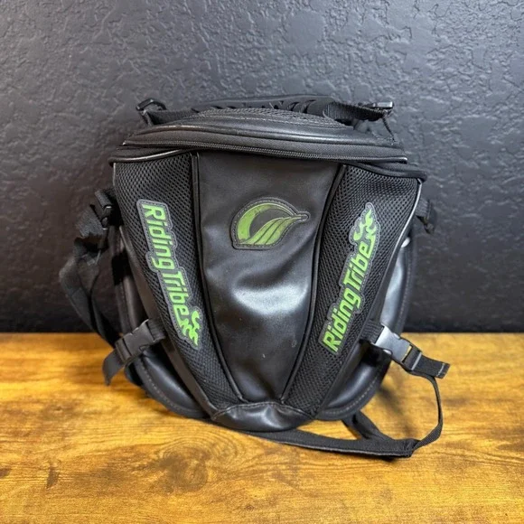 Riding‎ Tribe Motorcycle Tank Tail Bag Black Green Synthetic Leather Luggage OS