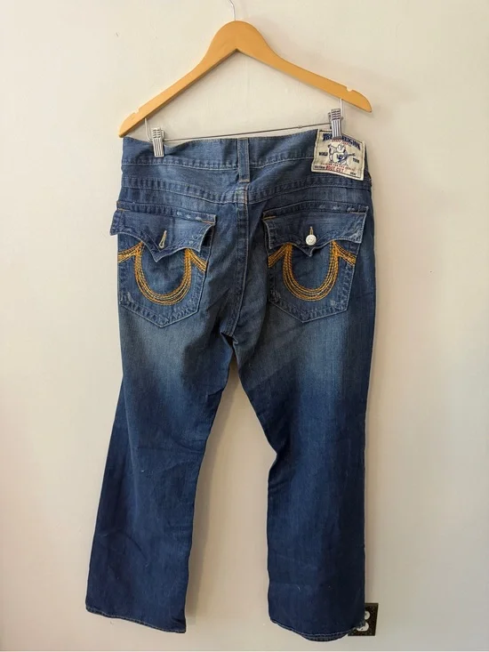 Y2K RARE vintage True Religion Men's Blue Bootcut Jeans w orange gold Stitching