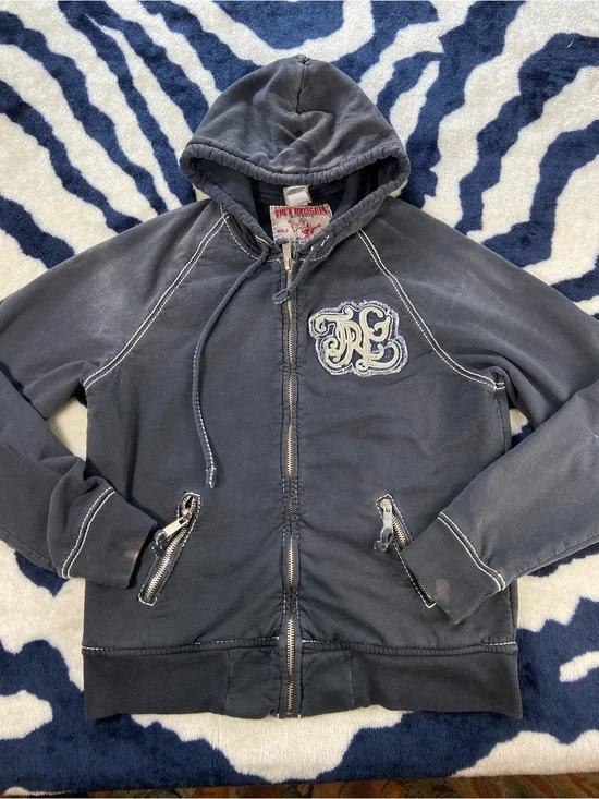 Vintage Y2K USA Made True Religion Zip-Up Hoodie Sweatshirt Distressed Unisex